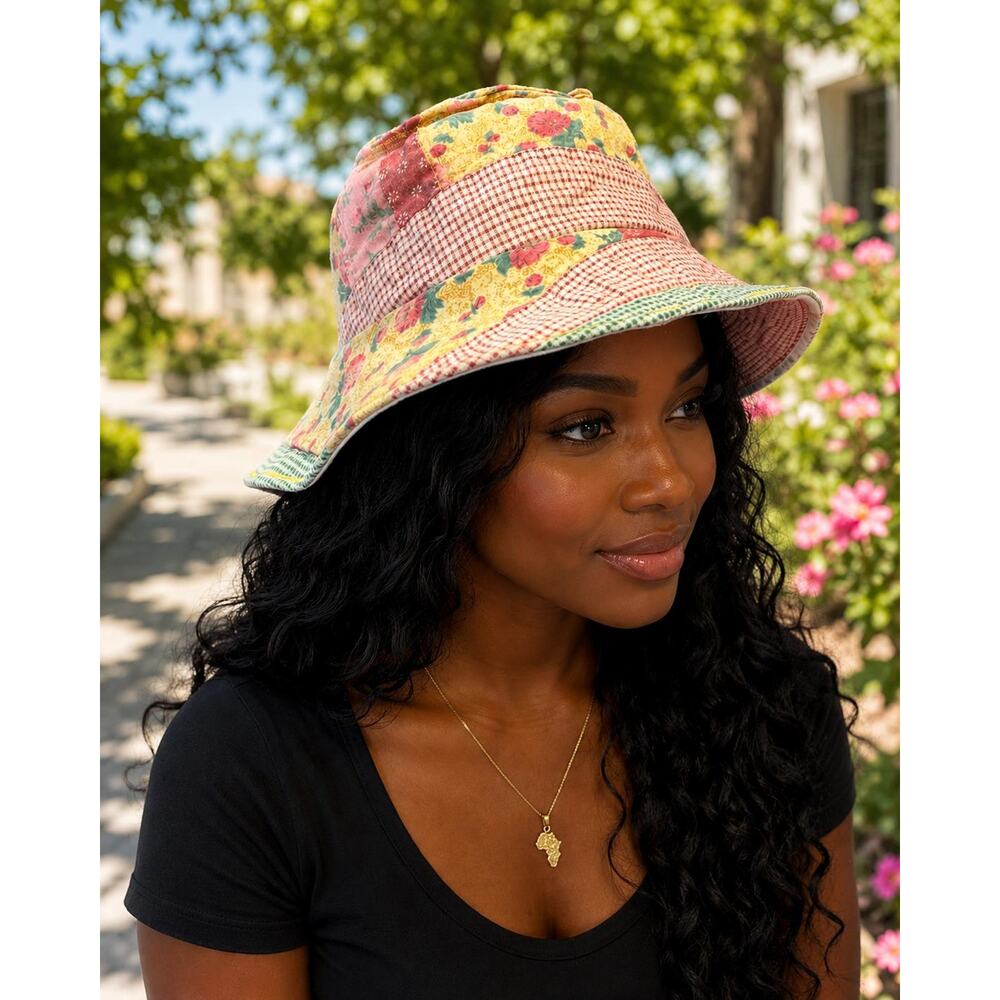 Handmade Patchwork Floral Wide Brim Hat – Size Small with Cozy Felt Lining